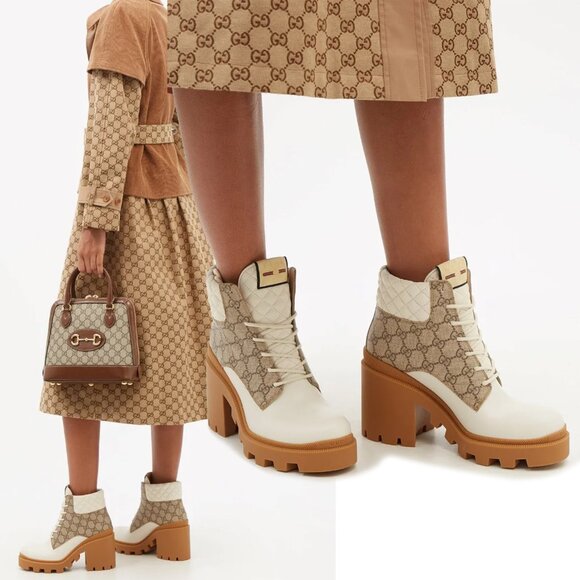 Gucci Shoes - GUCCI BOOTS GG LOGO PLATFORM BLOCK HEEL ANKLE BOOTIES QUILTED